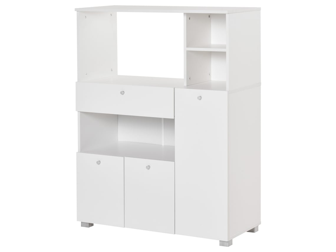 Aparador de cocina con microondas, cajón, 3 puertas, antivuelco, blanco, 90x40x120