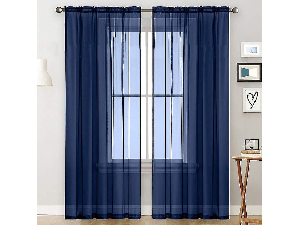 Rebe-cortinas De Voile Con Volantes Lino Óptico Transparentes Poliéster 100x250 Cm Azul Oscuro