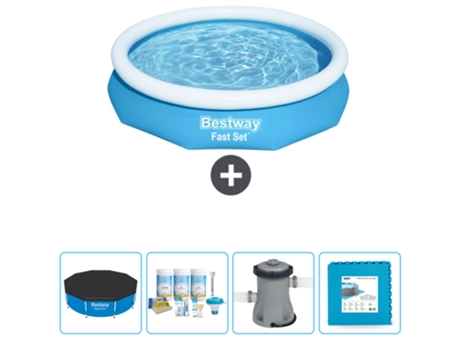 Piscina Hinchable Redonda Fast Set BESTWAY - 305 x 66 cm - Azul - Incluida Cubrir - Paquete de mantenimiento - Bomba - Baldosas