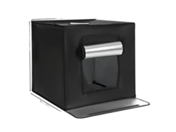 Cabina de estudio fotográfico, luces LED ajustables, diseño portátil, color negro.