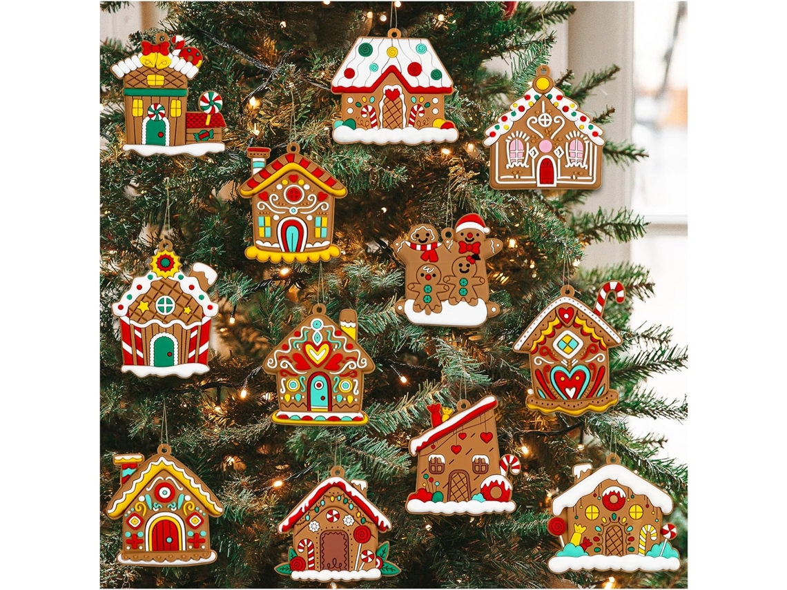 12 adornos de casitas de jengibre – Decoraciones navideñas colgantes para el árbol