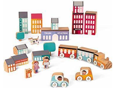 Conjuntos de Construcción JANOD Kubix City Play Set with Train, Cars, Buildings, Trees, People and Pets - 22 Piezas Set (Edad Minima: 5)