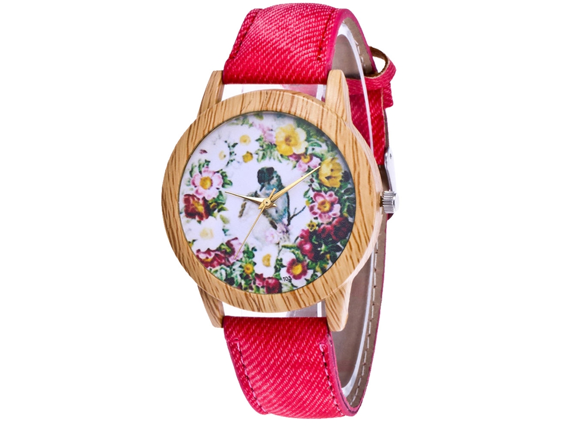 Reloj De Cuarzo Para Mujer Zhoulianfa Con Correa De Pantalla Con Estampado De Flores Y Pájaros Rojos.