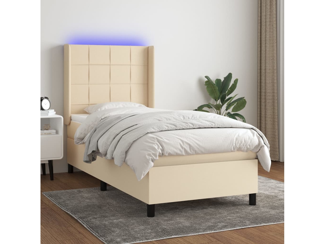 Cama Box Spring Colchón Y Luces Led Tela Crema 80x200 Cm