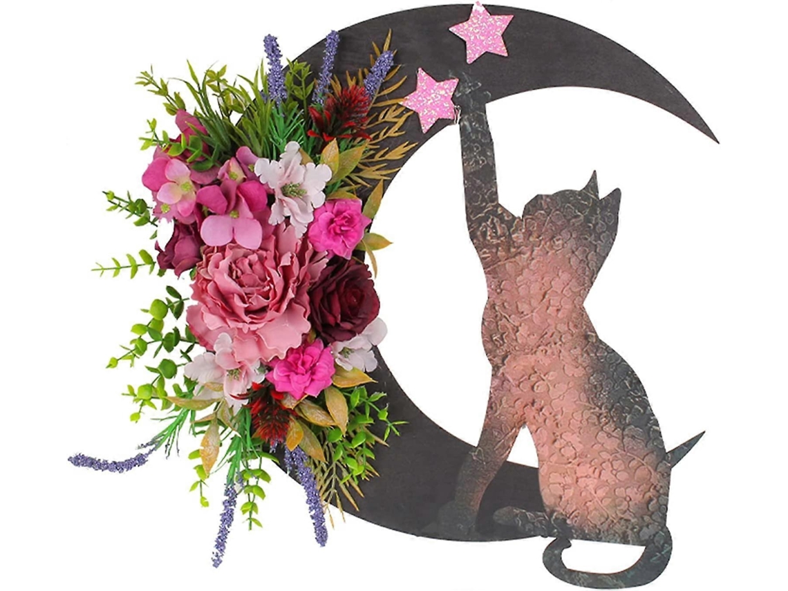 Rebe-guirnalda De Halloween Luna Con Gato, Rosas Negras Y Decoraciones Para Puerta Principal