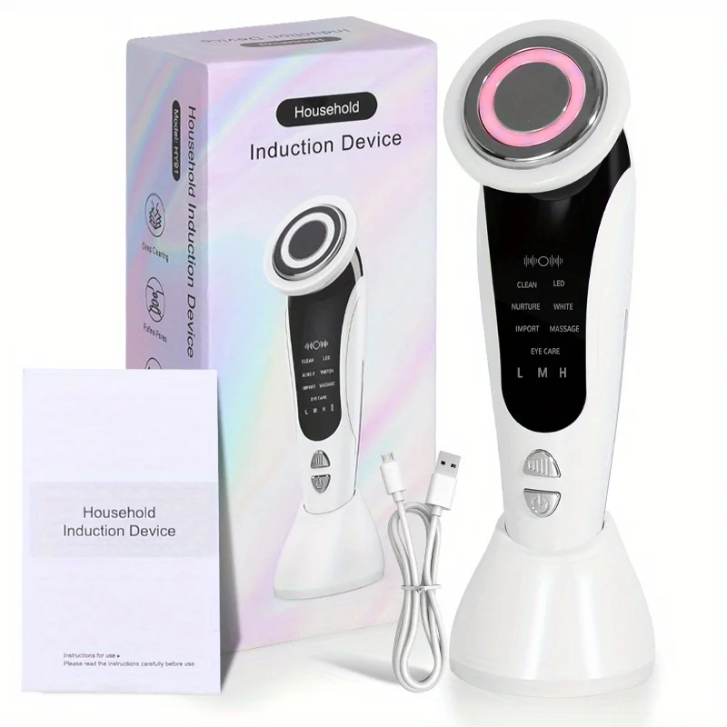 (blanco) Masajeador Facial Ems 7 En 1 Con Vibración Rf, Luz Led Y Función De Calor.