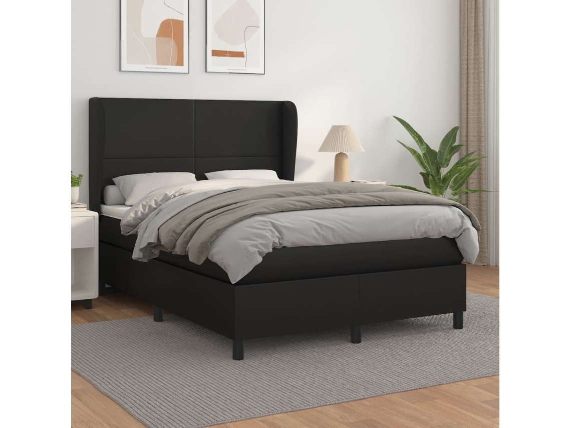 Cama Box Spring Con Colchón Cuero Sintético Negro 140x190 Cm