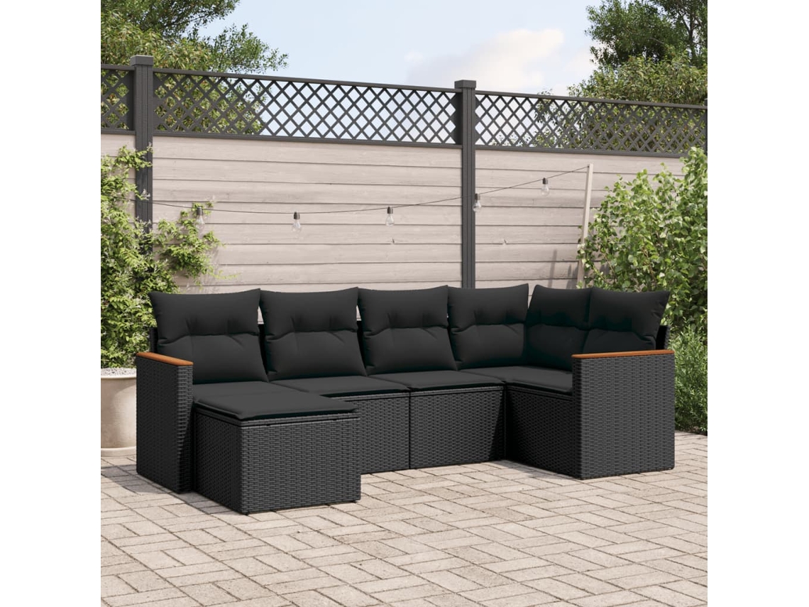 Conjunto de sofá de jardín de 6 piezas con cojines, mimbre sintético negro, DKD Home Decor
