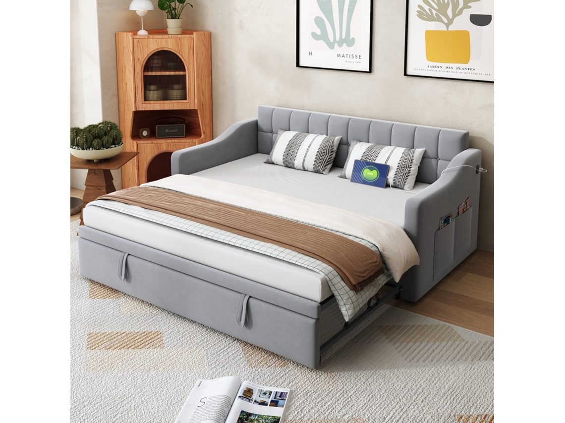 Sofá Cama Tapizado 90x180x190 cm 2 en 1 Multifuncional con Tejido de Terciopelo, Enchufe y Bolsa de Almacenamiento Gris Claro Mobrio