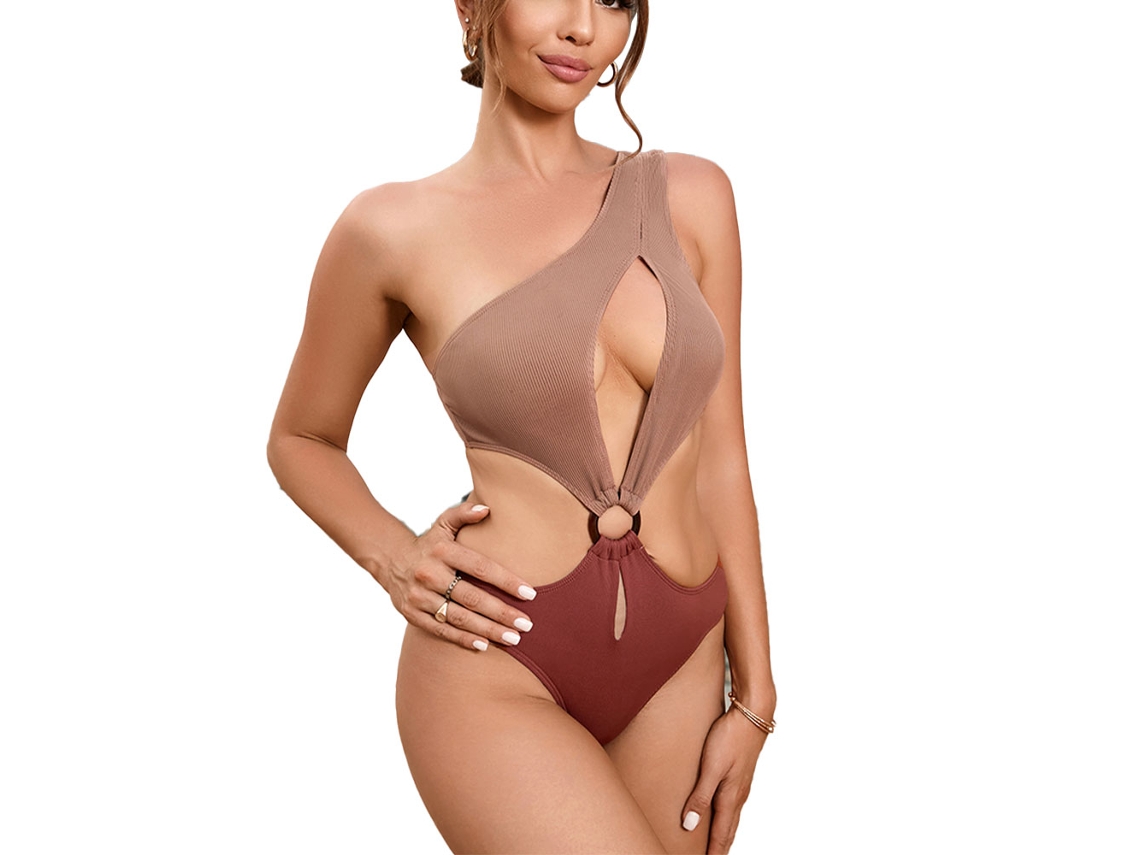 Elegante bañador sin espalda con hombros descubiertos y agujeros de colores, color marrón, talla M.