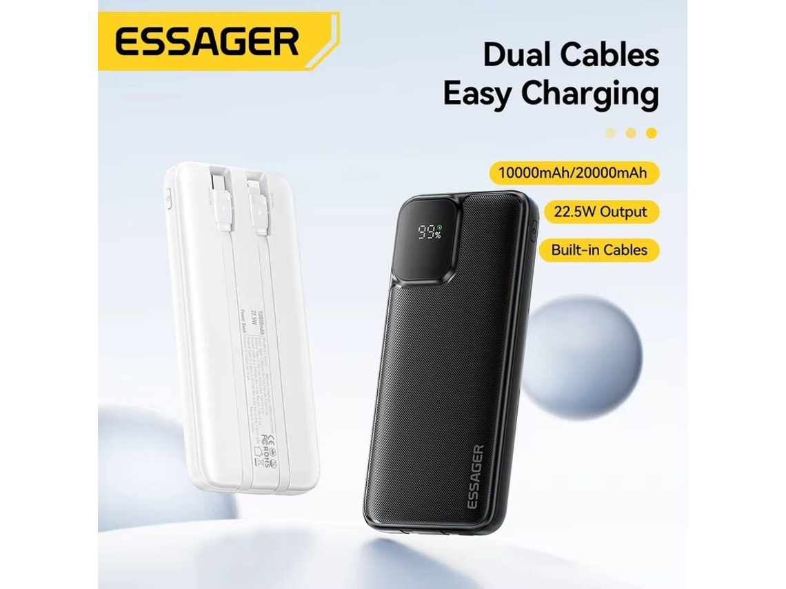 Essager Es-d023 - Batería Externa Portátil Con Pantalla Digital De 22,5 W, 37/74 Wh, 10?000/20?000 Mah, 2 Cables Integrados, 2 Entradas Y 4 Salidas