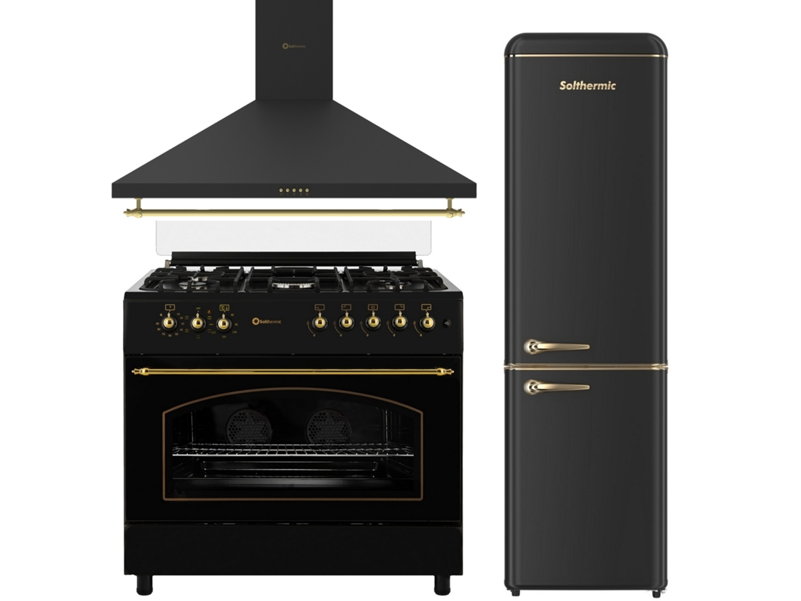 Paquete Refrigerador Solthermic® Estufa Gas Rústica Negra 90x60 Horno Eléctrico Panorámico Extractor Ventilador 90 Refrigerador Retro Refrigerador 1.88