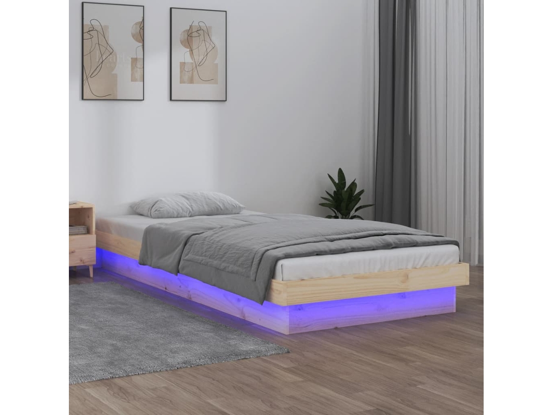 Estructura De Cama Individual Led Sin Colchón Madera Maciza