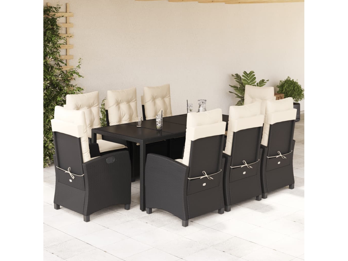 Juego de comedor de jardín de 9 piezas con cojines de mimbre negros de DKD Home Decor