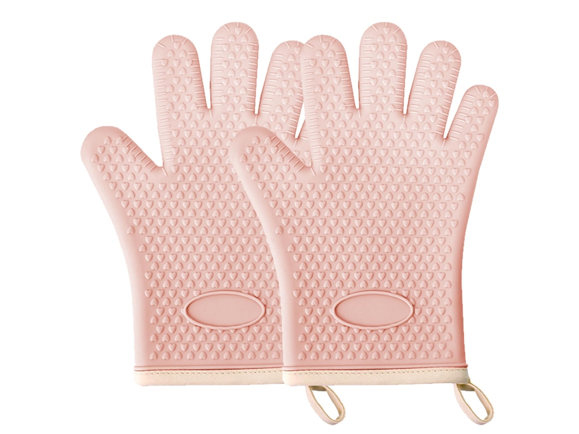 Luvas De Silicone Com Dedos 450°f, Rosa, Antiderrapantes Para Cozinha.