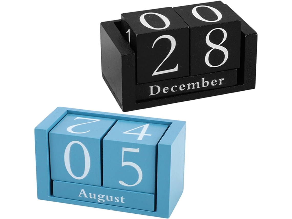 Juego de 2 calendarios perpetuos de madera de sobremesa, con cubos giratorios manualmente, tamaño compacto, colores negro y Gokoco.
