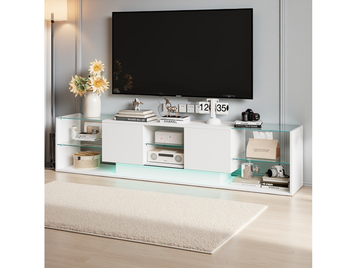Mueble de TV con iluminación LED y 2 cajones, apto para salón y dormitorio, blanco, Rosahqnda (200x45x35cm)
