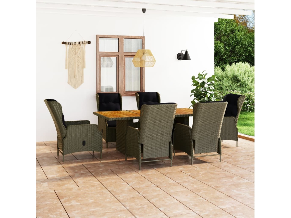 Juego de comedor de exterior de 7 piezas con cojines de mimbre marrón, Dkd Home Decor