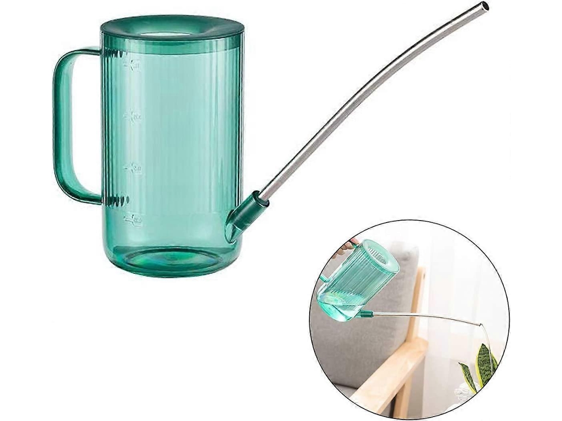 Regadera de plástico verde transparente con boquilla larga para plantas de interior y exterior. Sin marca.