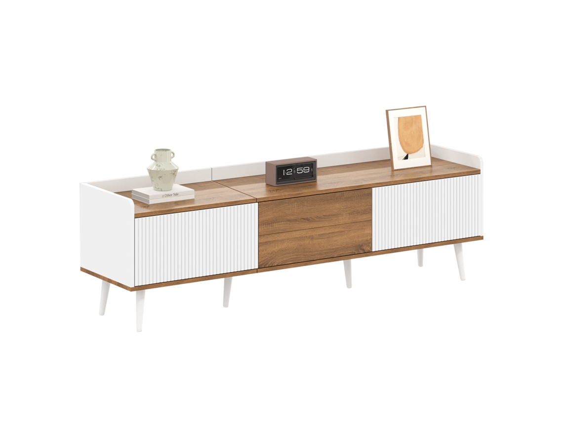 Mueble de TV compacto de 160 cm con 3 puertas, blanco y natural, MOBRIO