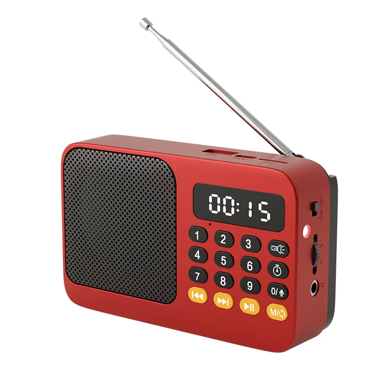 Mini radio DSP (roja) - Pantalla LED - Recargable - Altavoz Bluetooth - Admite grabación - Tarjeta TF - Temporizador de apagado