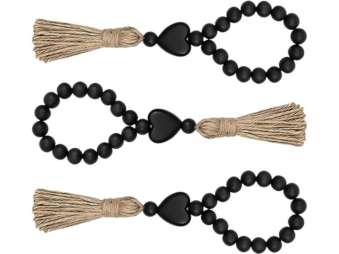 Corona decorativa rústica con cuentas de madera y pompones, 3 piezas, hecha de cuerda, para decoración de chimenea, uso en interiores, GOKOCO