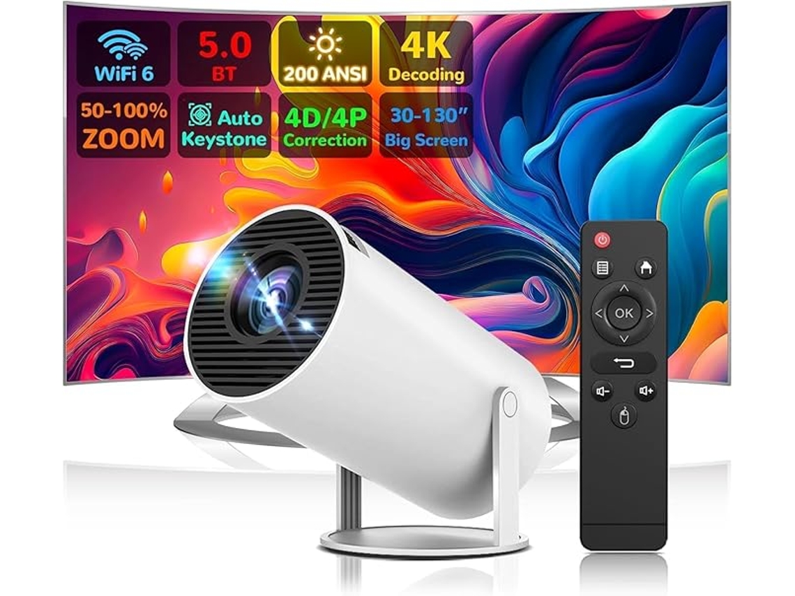 Proyector portátil 4K Mini Proyector Wifi 6 200 ANSI, Bluetooth 5.0 Proyectores, 130 pulgadas, Proyectores giratorios 180 grados