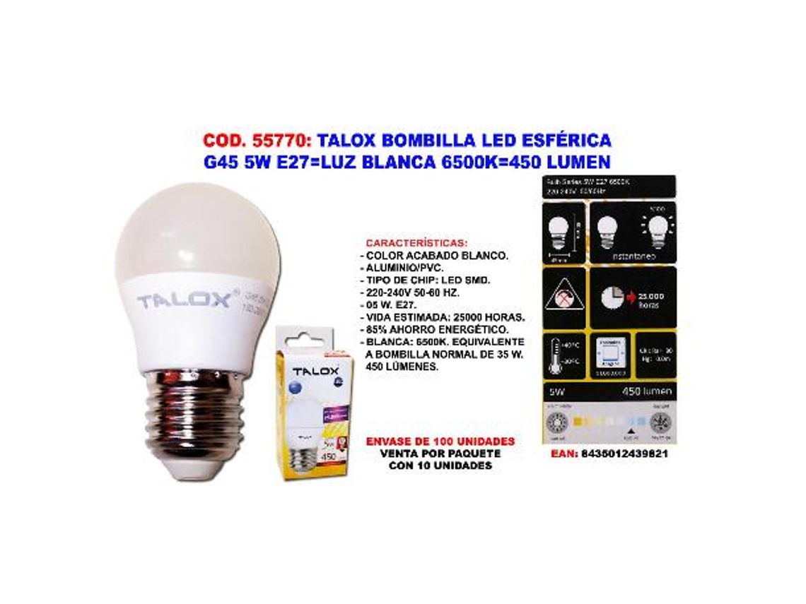 Talox bombilla led esferica g45 5w e27 l.blanca 6500k 450 lumen (caja 10 unidades)