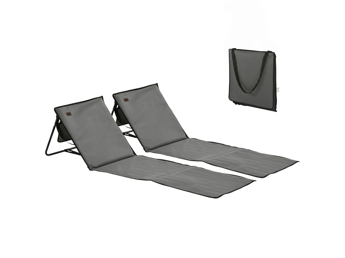 Juego 2 Mesas Playa Plegables, Reclinable, Correa Transporte, 142x51x40cm, Gris