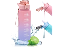 Botella de agua de gran capacidad (2 litros), sin BPA, a prueba de fugas, con pajita y cronómetro. Mdug (rosa)