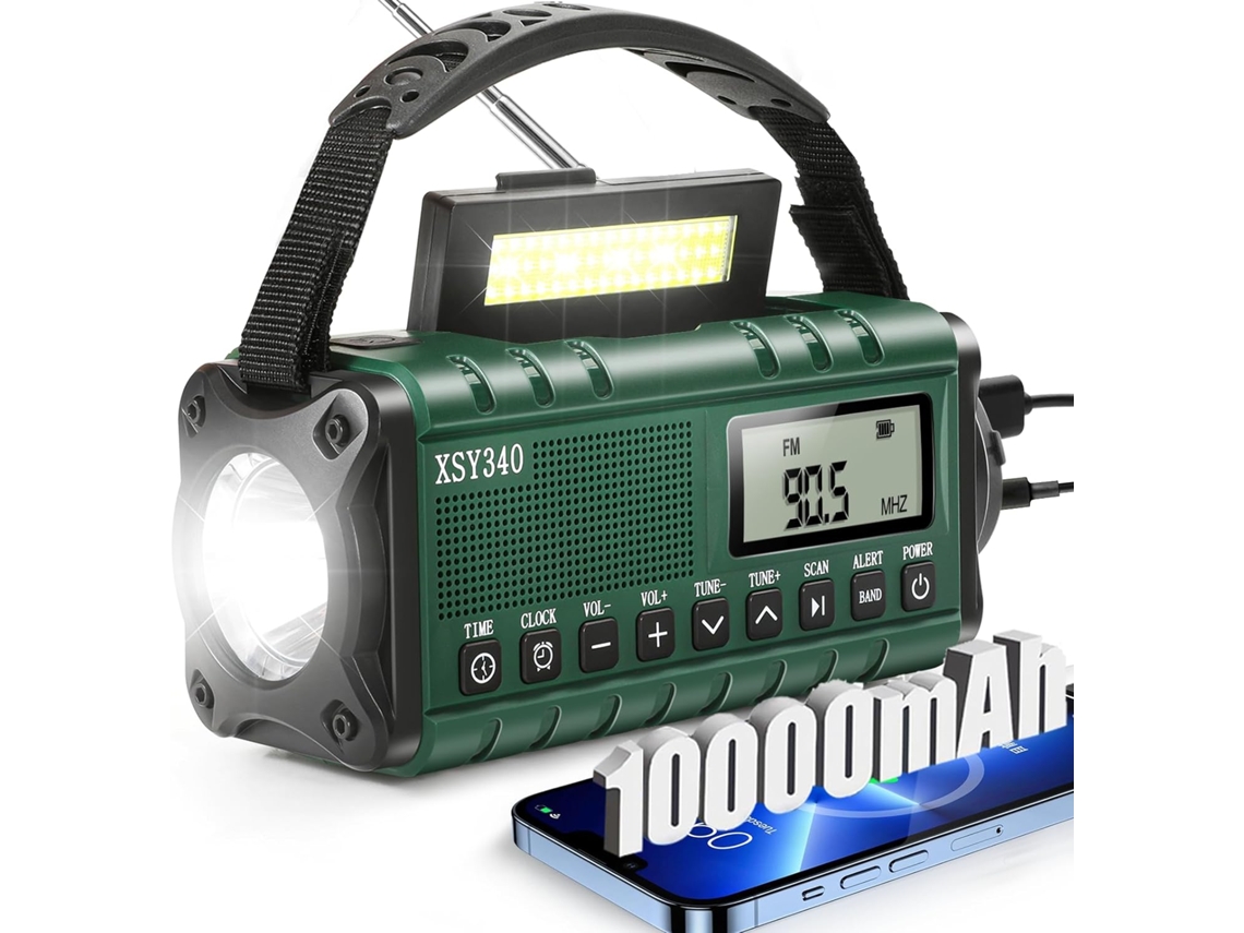 Radio solar de emergencia, portátil con manivela, radio AM/FM, batería de 10000 mAh, alarma SOS, linterna/verde Gertiz