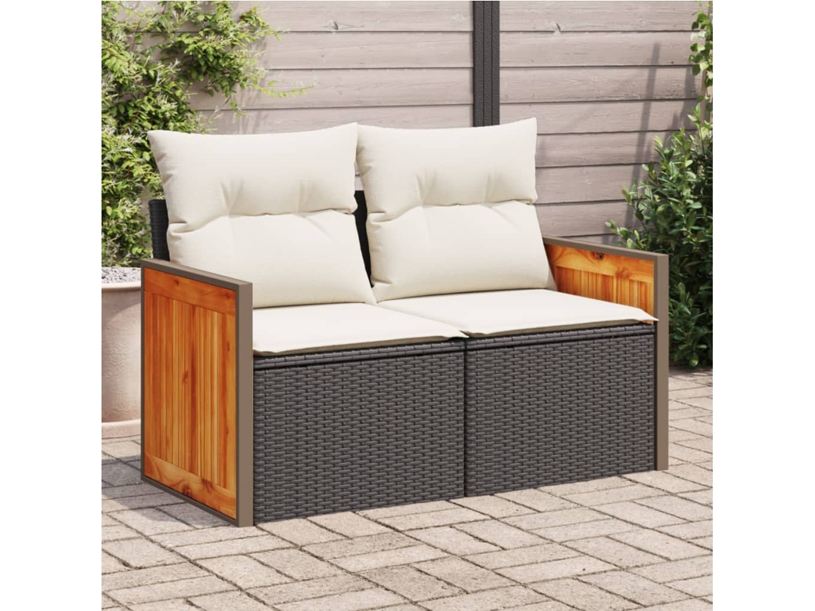 Sofá de jardín de 2 plazas con cojines, mimbre, negro, PE, Dkd Home Decor