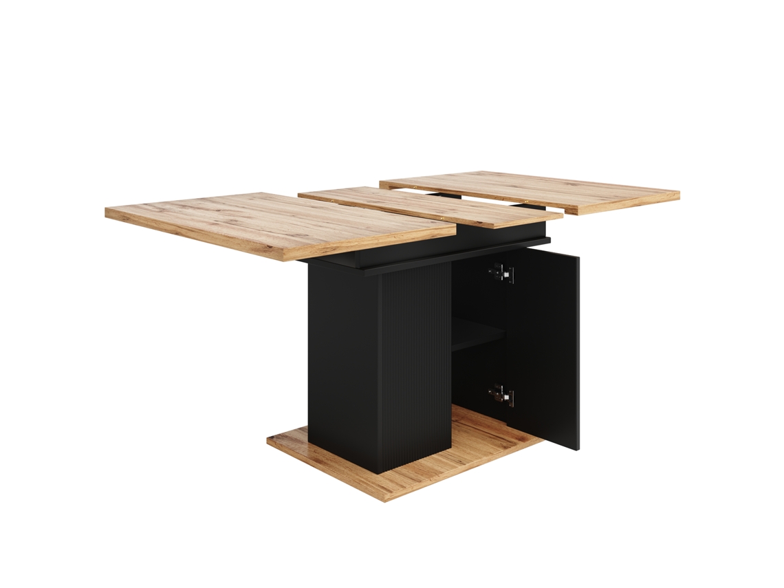 Mesa de comedor retráctil de 140 x 70 cm en MDF con almacenaje, color negro y Mobrio natural