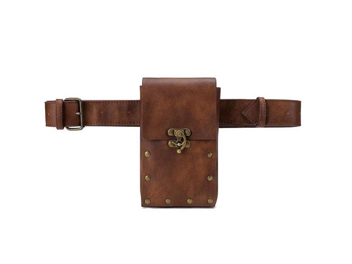 Riñonera medieval vintage de piel marrón con compartimento para teléfono móvil y bolsillos para objetos pequeños. (Sin marca)
