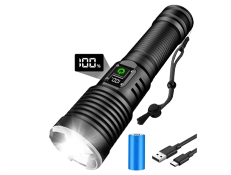 Linterna LED Ultra Brillante Recargable de 15,000 Lúmenes con Batería Pantalla LCD Enfoque Ajustable 5 Modos de Luz Negro TURMIN
