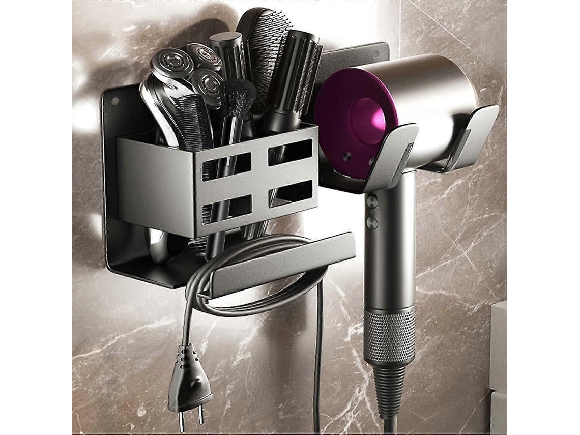 Soporte de pared para secador de pelo, negro, no requiere taladrar, con organizador de cables, ideal para dormitorios, hoteles y baños. GOKOCO