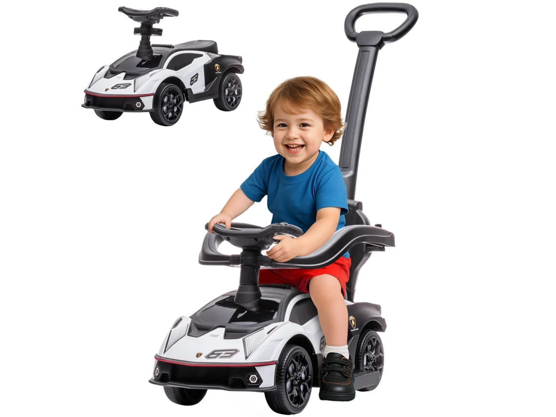Carrinho de Passeio 2 em 1 para Crianças de 12 a 36 Meses, Modelo Lamborghini Essenza Scv12, com Buzina, Alça de Empurrar e Corrimão Removíveis.