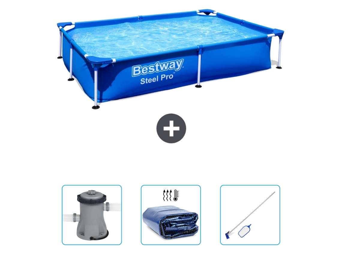 Piscina BESTWAY Rectangular Steel Pro - 221 x 150 x 43 cm - Azul - Incluida Bomba - Vela solar - kit de limpieza