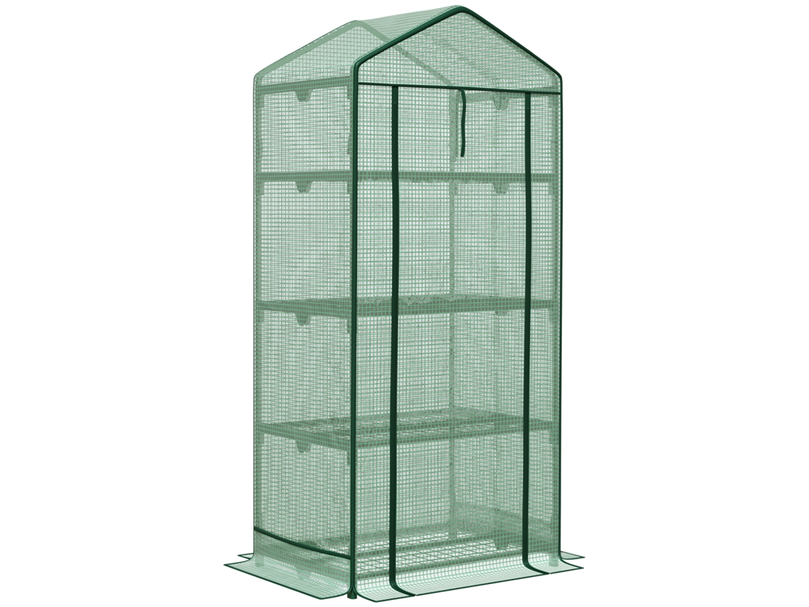 VPMKP - Miniinvernadero Outsunny para plántulas con cubierta de aluminio y 3 estantes, puerta enrollable, huerto, verde, 69x49x125 cm, ideal para entusiastas de la jardinería...