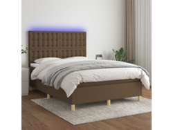 Cama Box Spring Colchón Luces Led Tela Marrón Oscuro 140x190 Cm