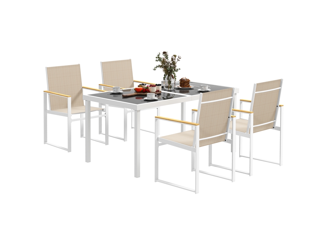 Conjunto De Jardim Com Mesa Retangular De Vidro E 4 Cadeiras Com Apoios De Braço, Colorido E Confortável Para Área Externa