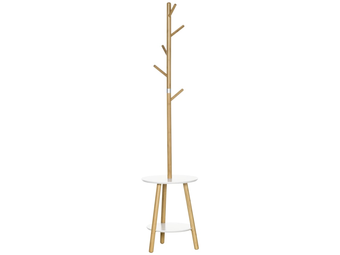 Cabideiro De Chão 2 Em 1 Com 5 Ganchos E 2 Prateleiras, Design Contemporâneo E Aconchegante, 39,5 X 39,5 X 171 Cm, Acabamento Em Madeira Natural.