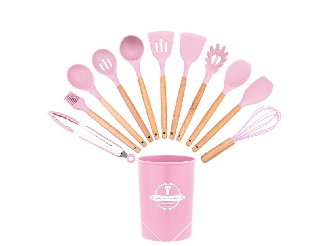 Juego de 12 utensilios de cocina de silicona antiadherentes sin BPA, color rosa