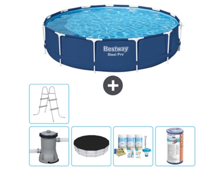 Piscina BESTWAY Round Steel Pro - 396 x 84 cm - Azul - Bomba incluida Cubrir - Paquete de mantenimiento - Filtrar - Escalera