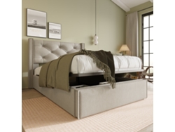 Cama tapizada con arcón de 90x200 cm en tela de algodón con somier de láminas gris claro