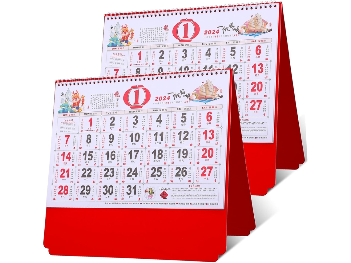 2 Piezas De Calendario Mural Chino Tradicional Del Año Del Dragón Rojo Con Símbolos Dorados