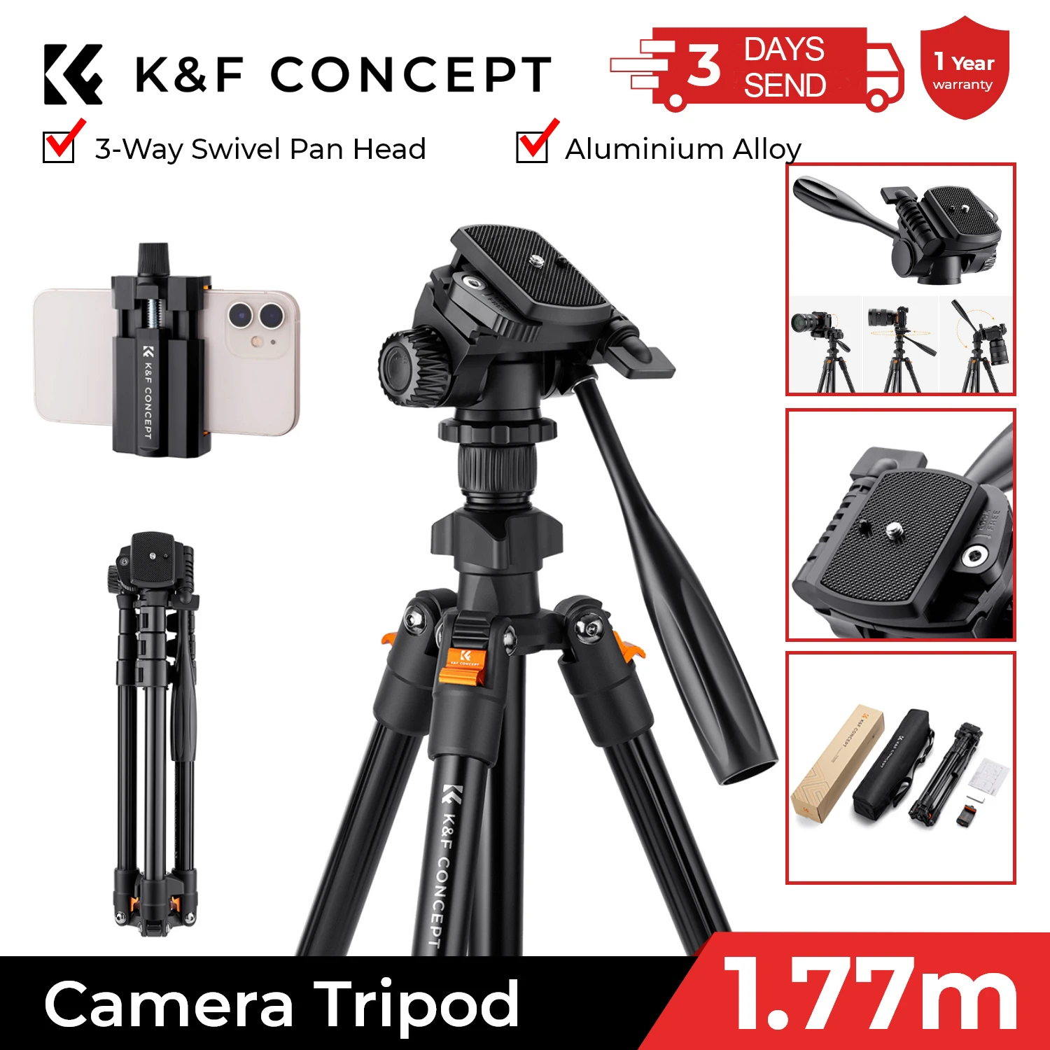 Trípode de video de aluminio liviano de 162 cm (64 pulgadas) para fotografía, transmisión en vivo, DSLR, cámara y teléfono celular