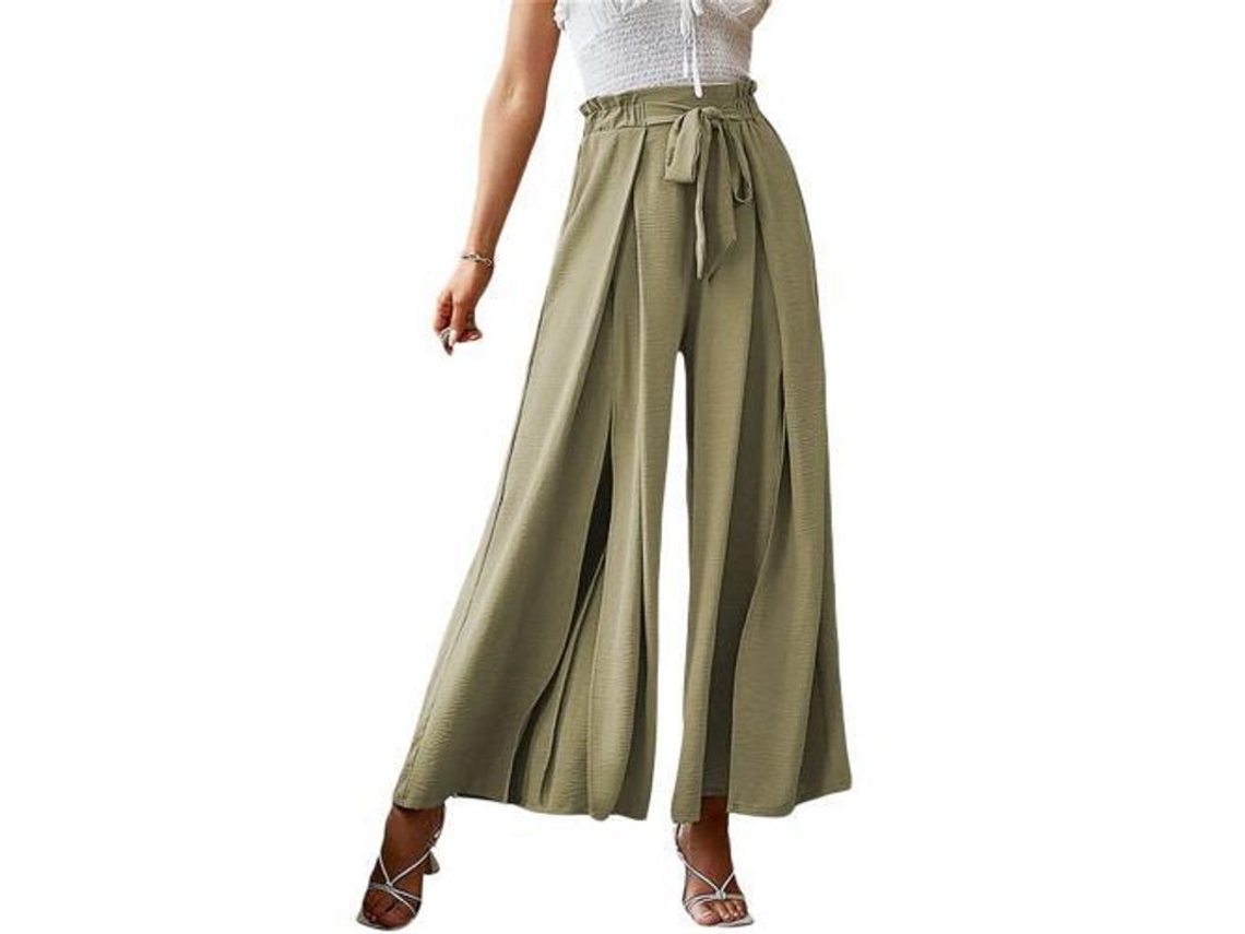 Elegantes Pantalones De Mujer De Talle Alto Con Fruncido Y Abertura Fluida Para Estar En Casa Y Para Ocasiones Informales.