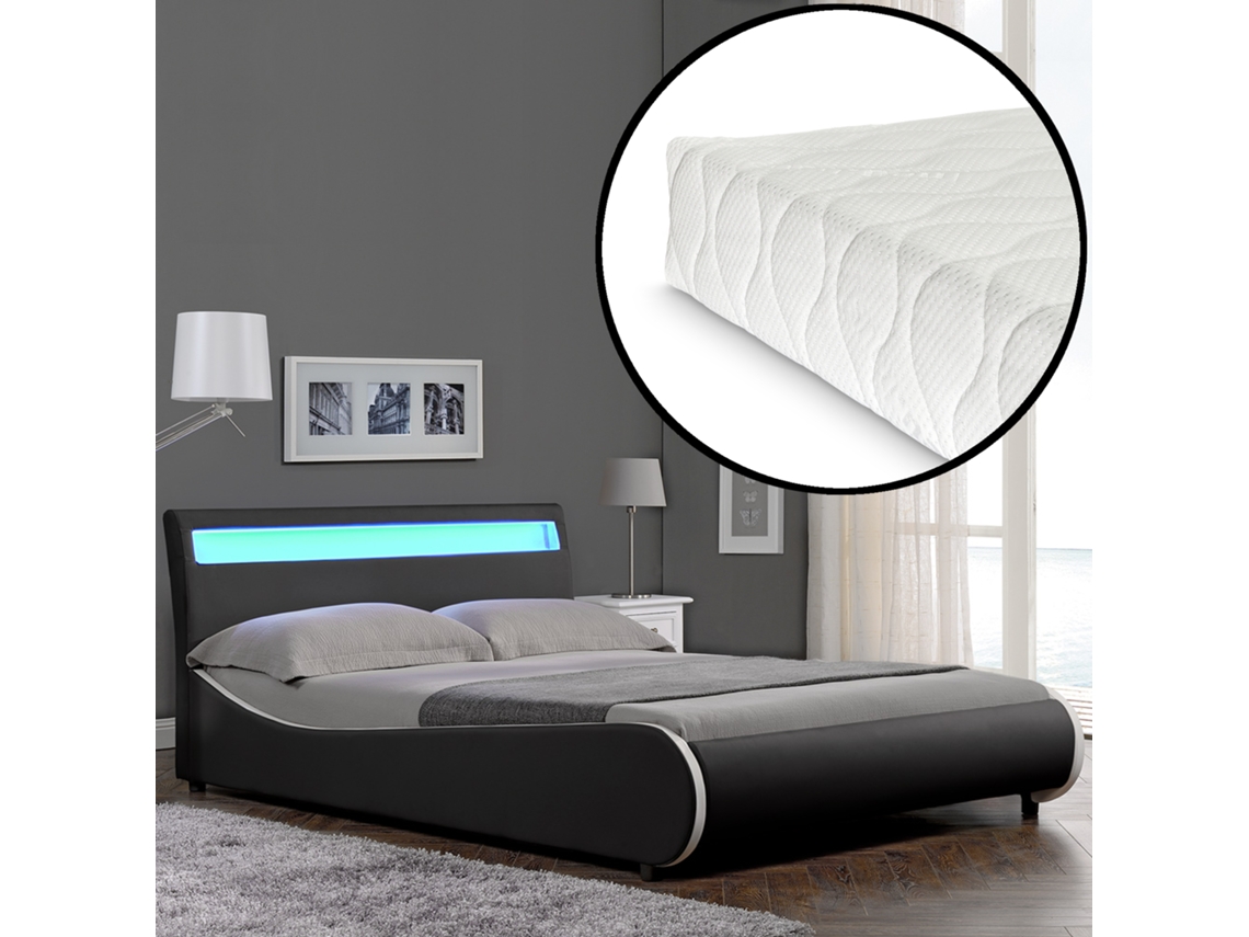 Cama de matrimonio CORIUM (221 x 149 x 83 cm - Piel sintética - Negro)