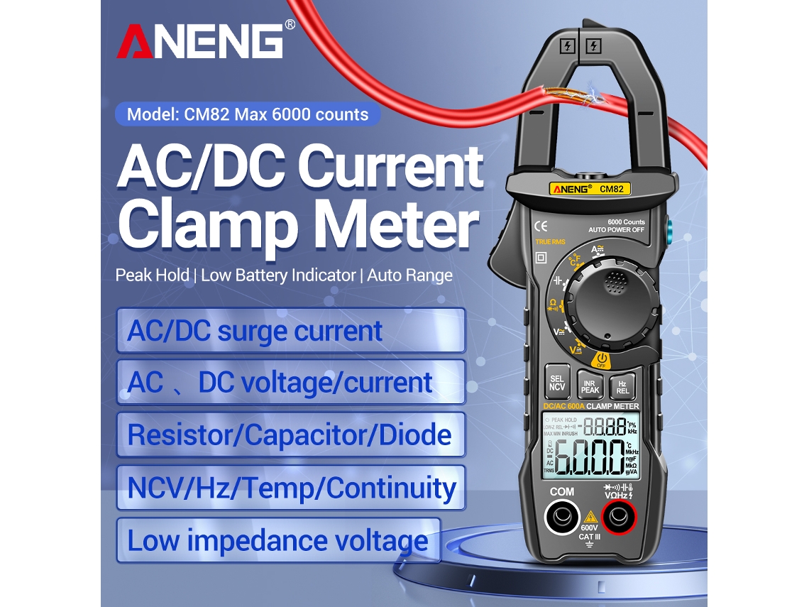 Pinza Amperimétrica Digital Aneng Cm82, True Rms, 6000 Cuentas, Medidor Universal Ncv 600v 600a